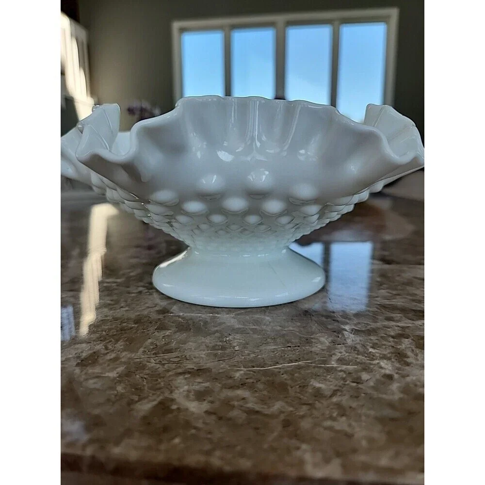 Vintage Fenton Ruffled White Milknglass Bowl, 8